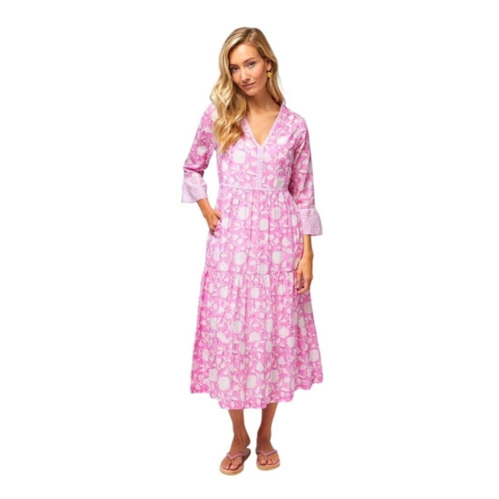 Aspiga Pink White Floral Organic Cotton Tiered Midi Dress Boho Size Small